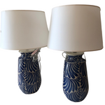 Load image into Gallery viewer, Blue and White Pottery Lamps with Off White Shades
