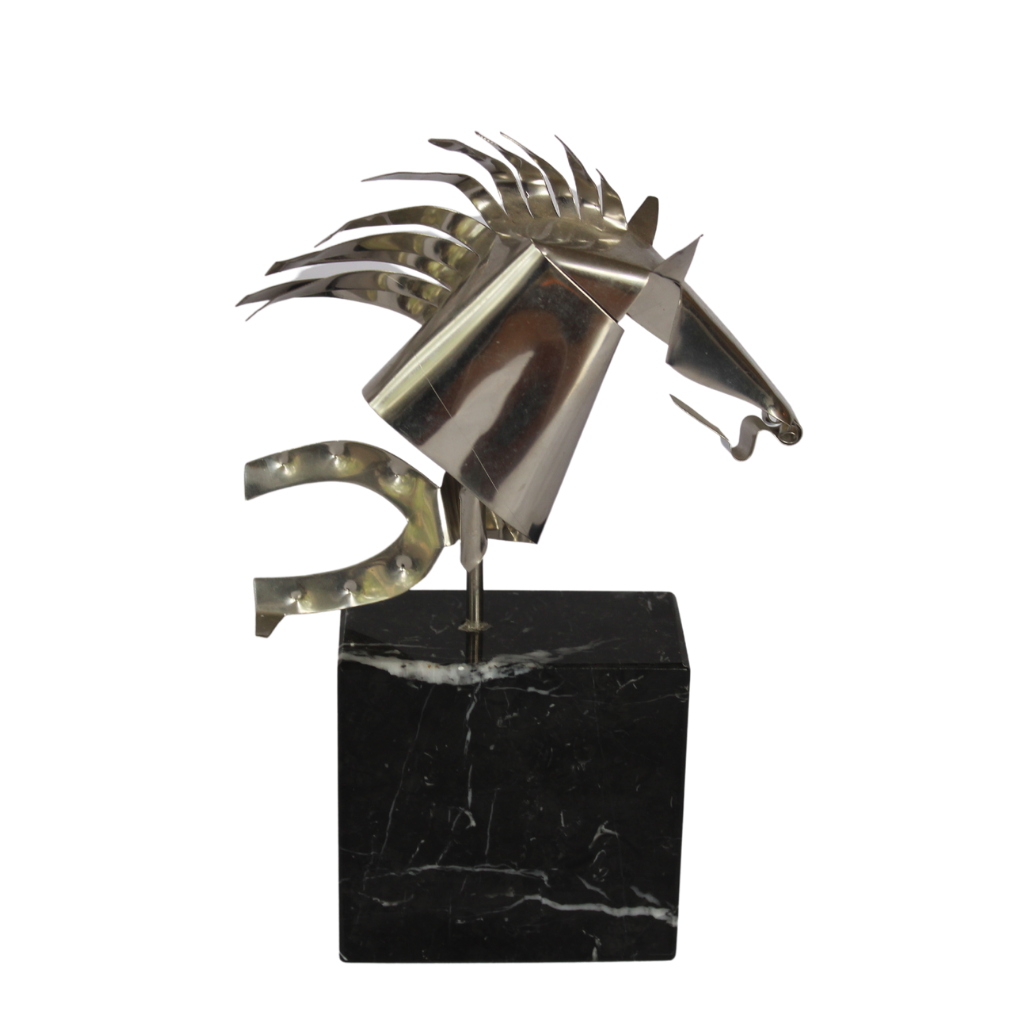 Metal Horse Head Sculpture on Marble Base