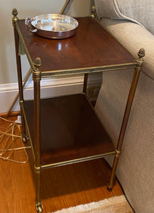 Two-Tiered Brass and Wood Side Table Vintage