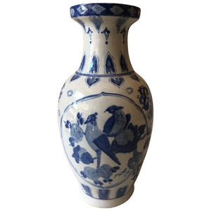 Tall Blue and White Vase with Birds