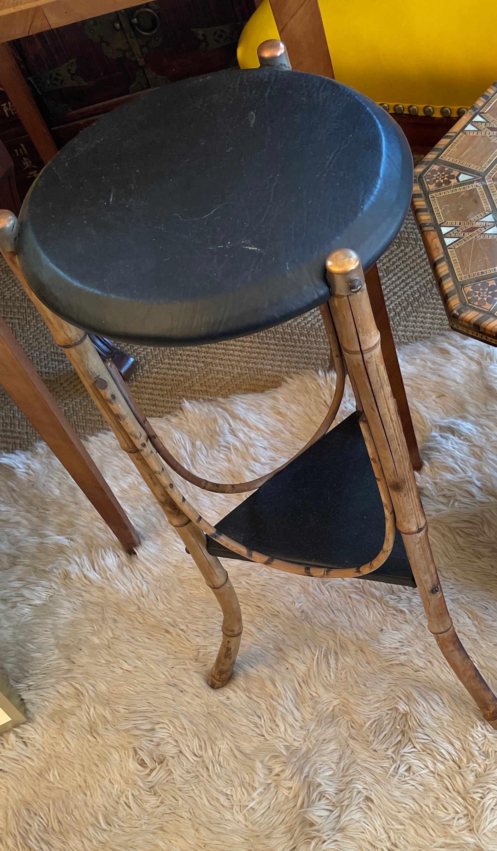 Vintage Bamboo Side Table with Leather top.