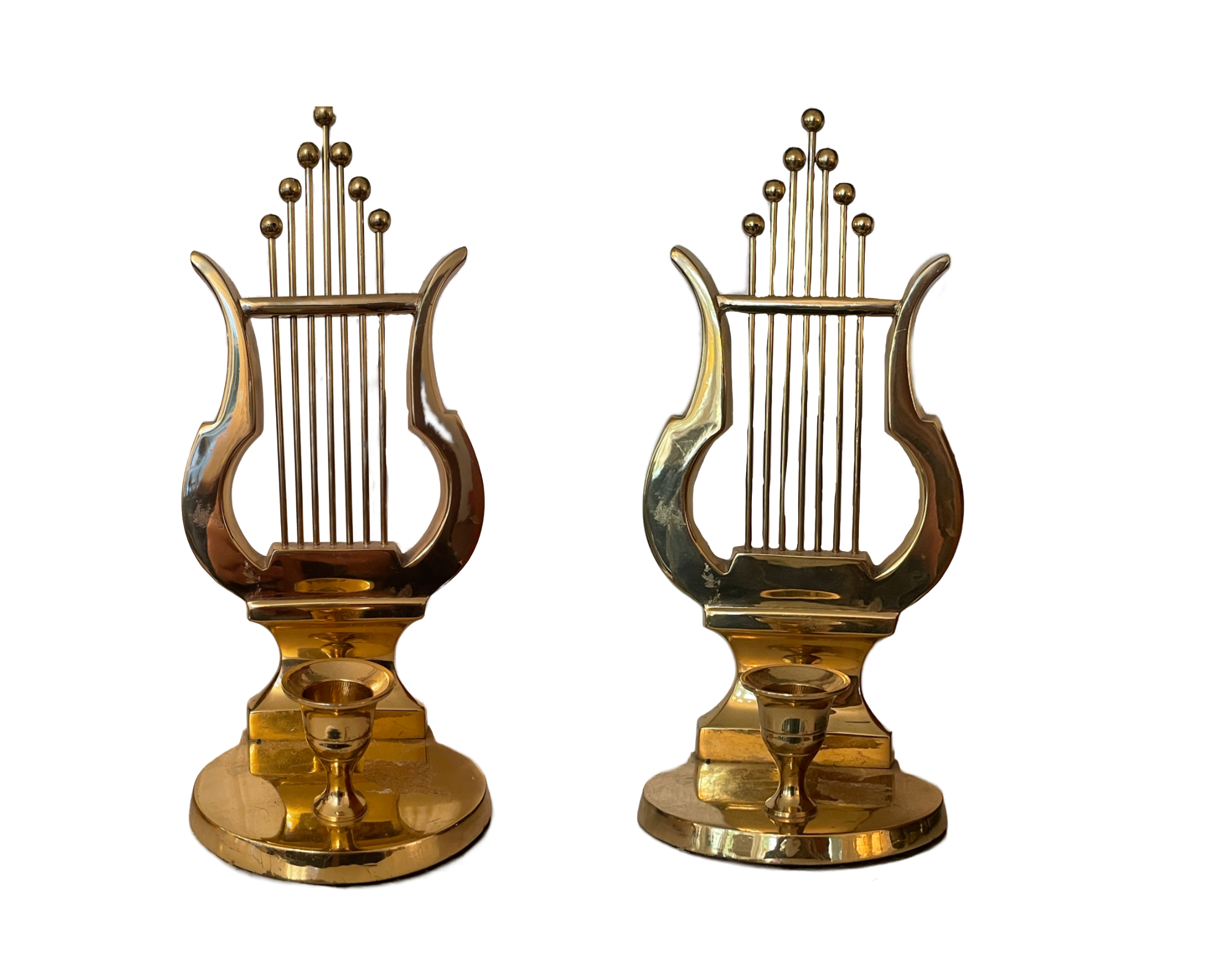 Brass Lyre Bookend Candle Holders