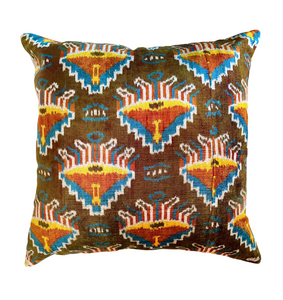 Brown & Multicolored Ikat Velvet and Silk Pillow