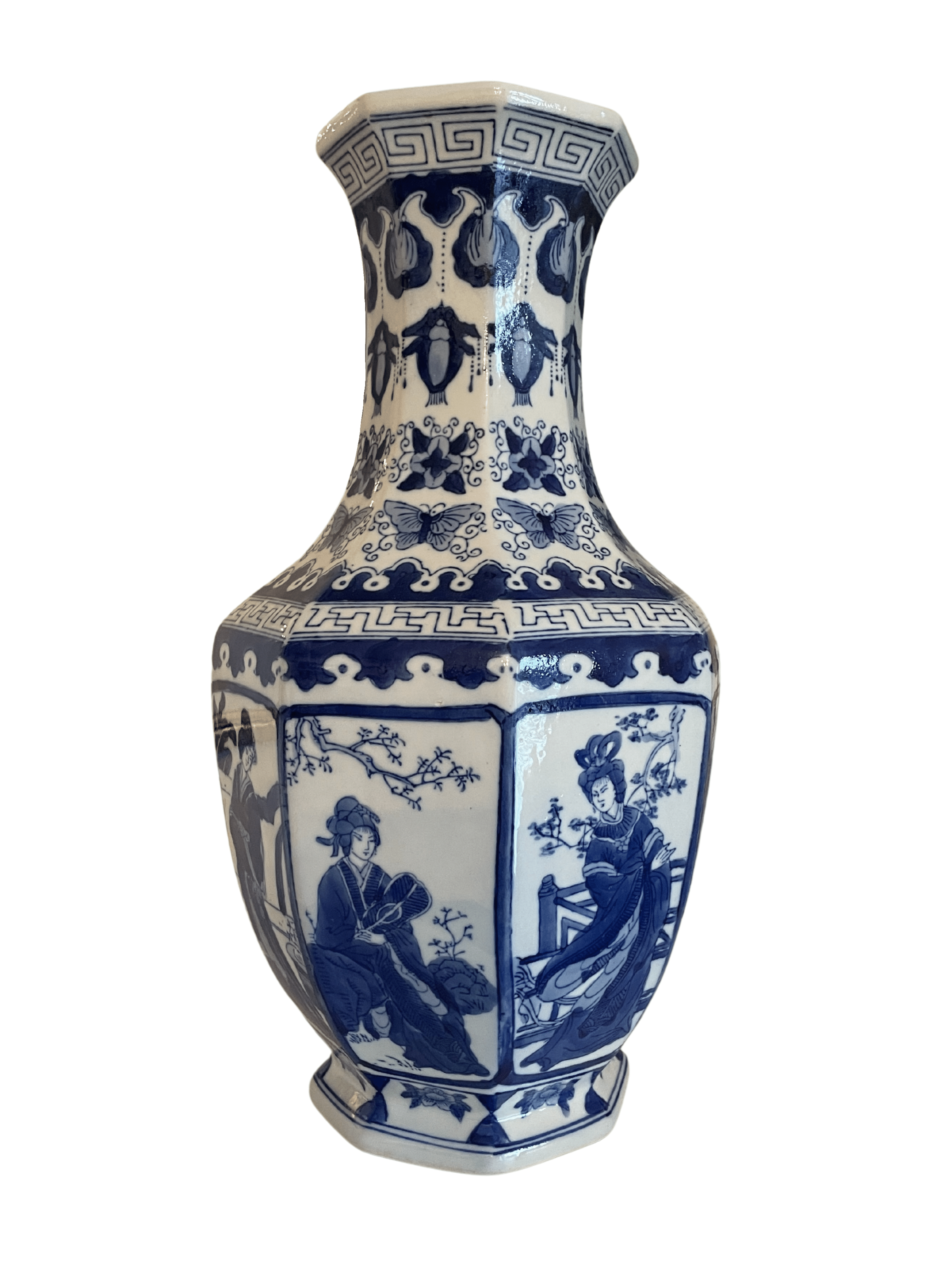 Octagonal Blue and White Vase With Woman
