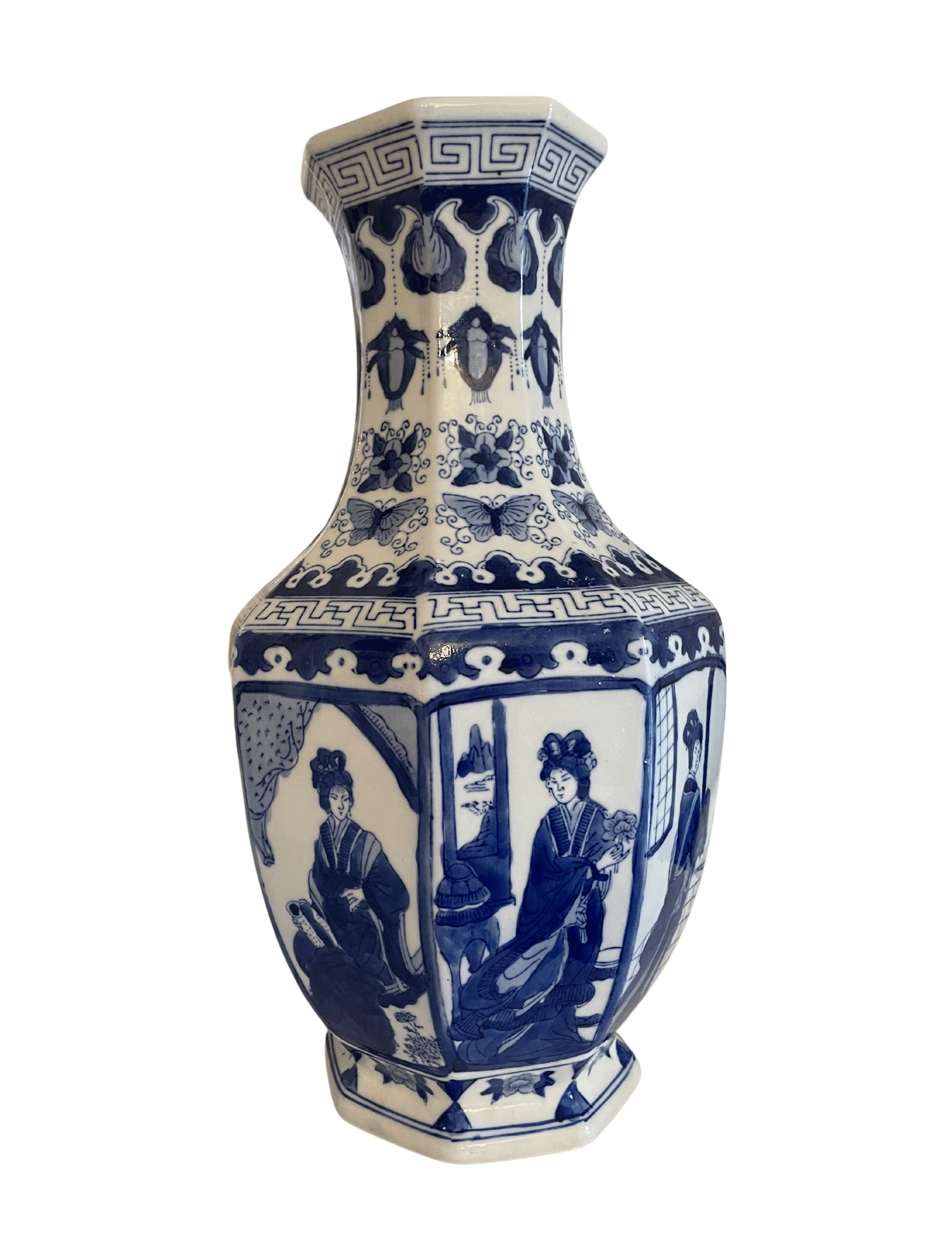 Octagonal Blue and White Vase With Woman